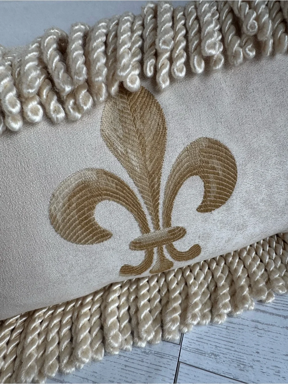Cream Fleur-de-Lis Decorative Throw Pillow with Fringe